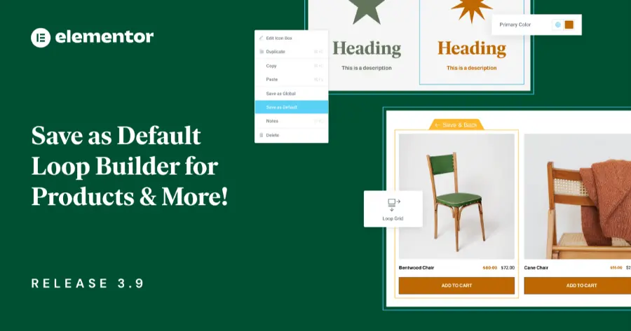 Green background of Elementor with woocommerce products like chairs