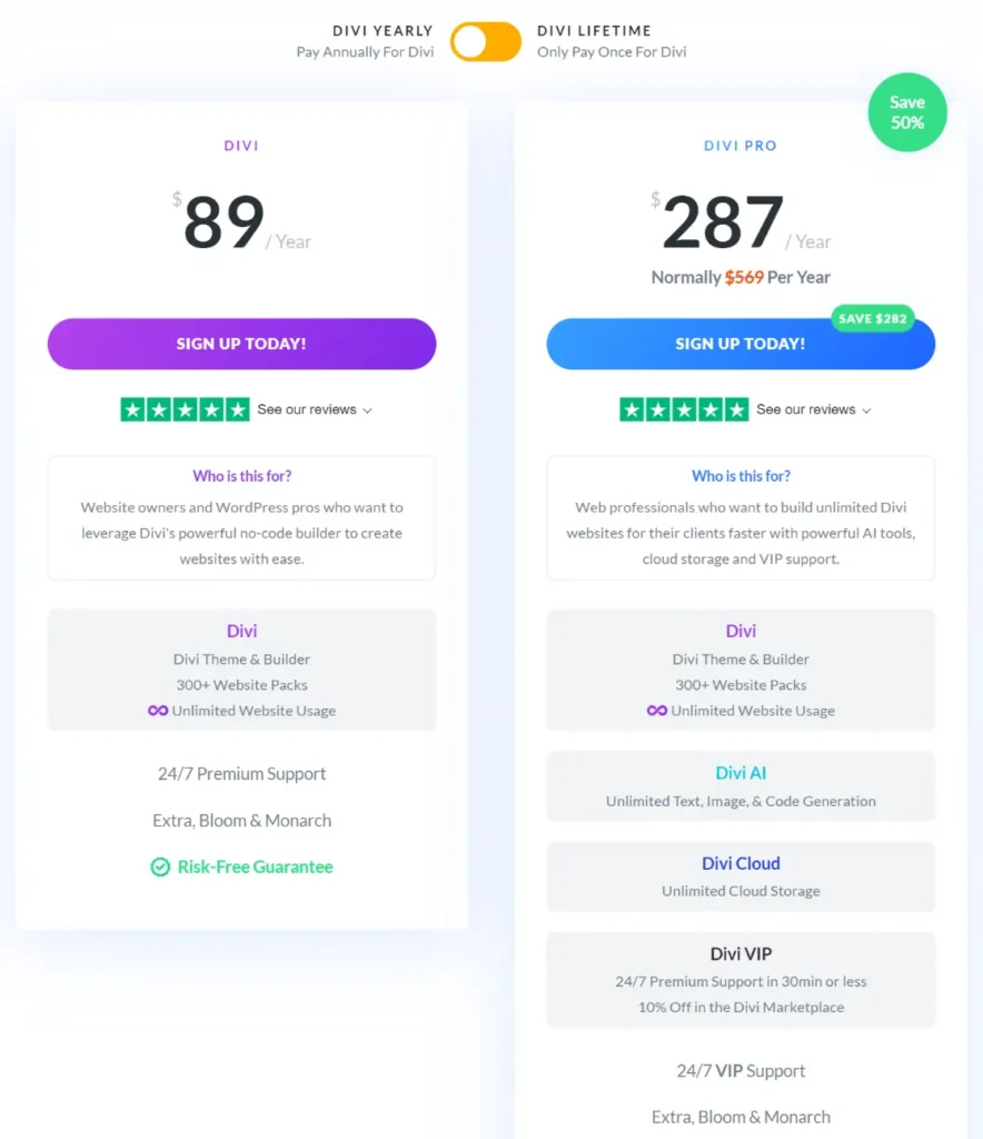Divi pricing plan from their website