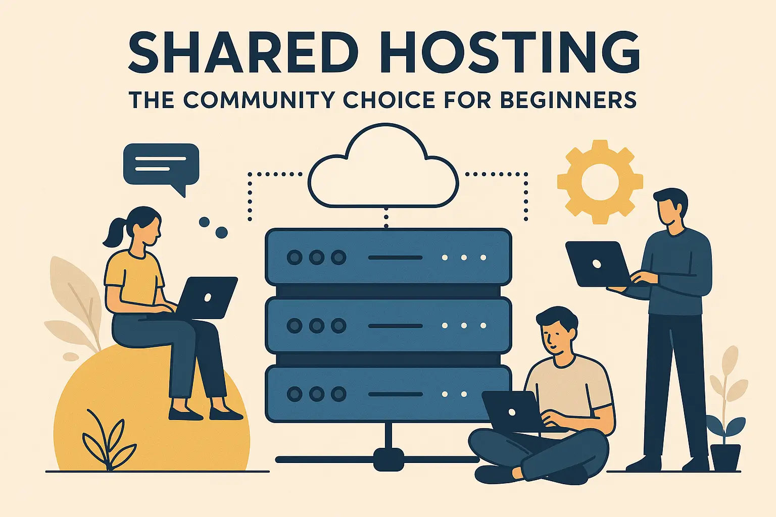 Illustrated image showing three people (two with laptops, one standing), interacting with server racks under a cloud icon, representing shared hosting benefits for beginners