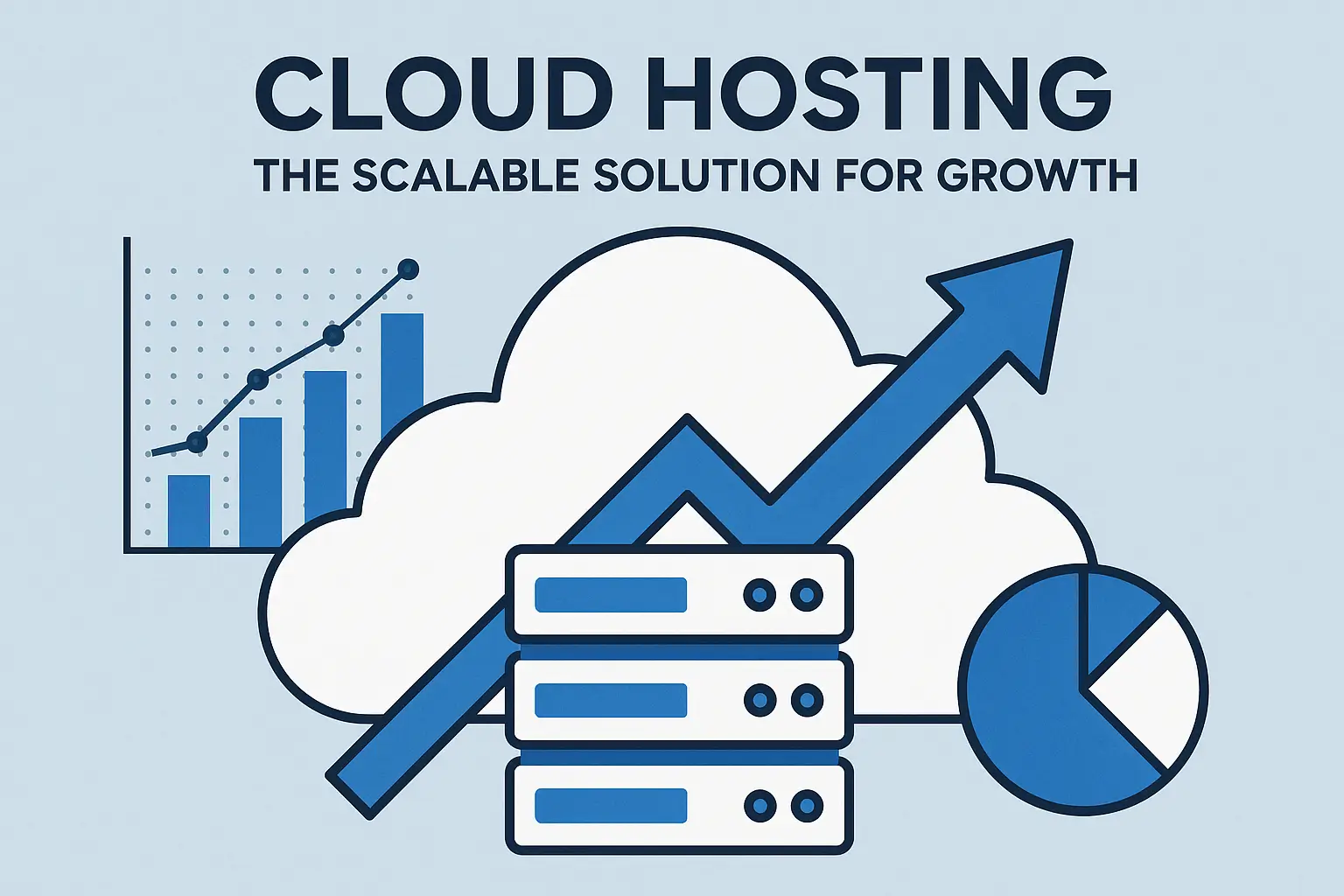 Cloud hosting illustration showing server racks under a cloud, with an upward trending graph and an arrow, symbolizing scalable growth for websites