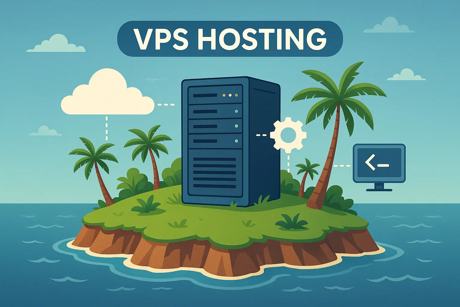 VPS hosting server on a tropical island with palm trees and cloud icon, symbolizing isolated and dedicated virtual server control