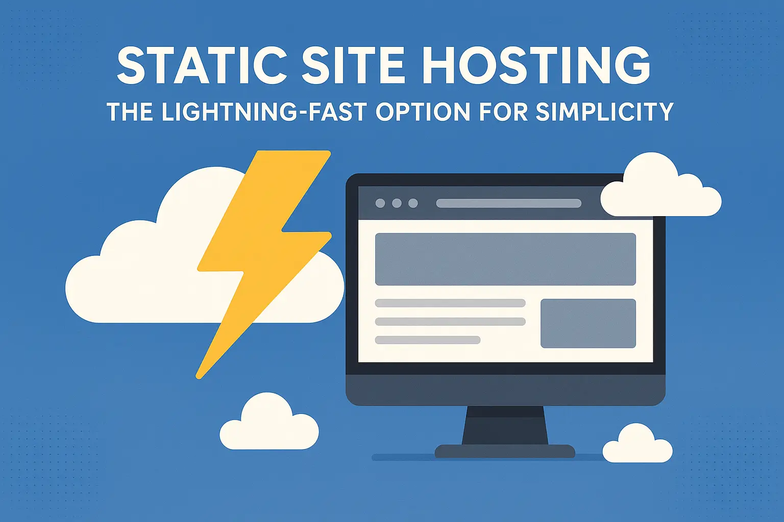 Static site hosting illustration with a lightning bolt, clouds, and a desktop monitor displaying a simple website, representing speed and simplicity