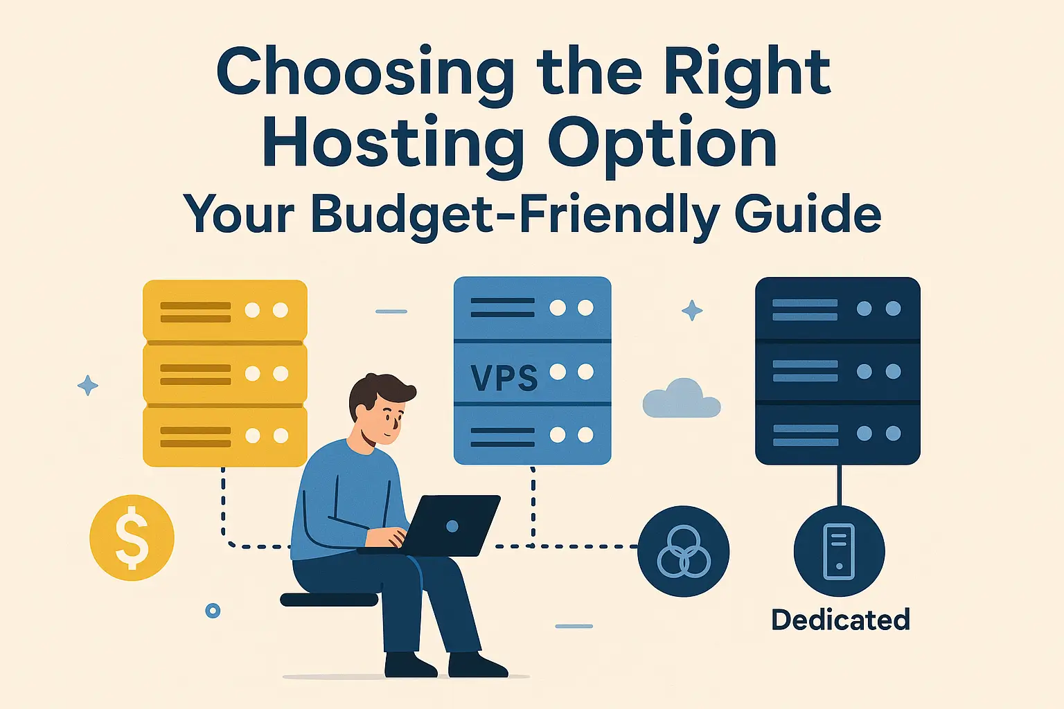 Illustrated guide showing a person on a laptop connecting to shared, VPS, and dedicated servers with a dollar sign, representing budget-friendly hosting choices