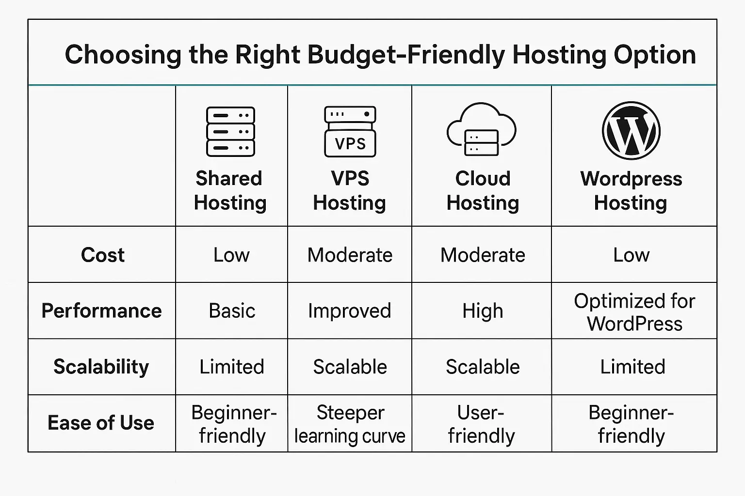 Table comparing budget-friendly hosting options: Shared, VPS, Cloud, and WordPress hosting by cost, performance, scalability, and ease of use