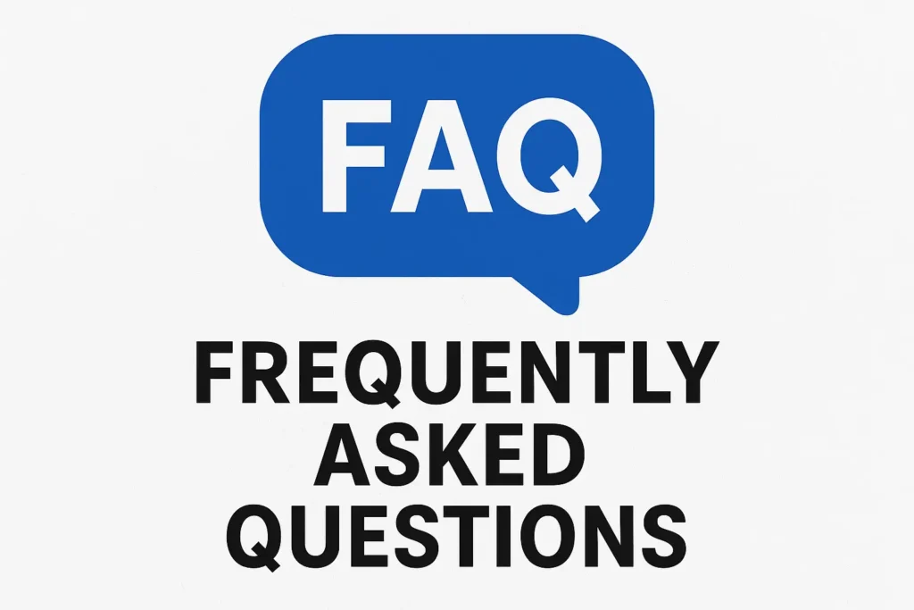 Blue speech bubble with 'FAQ' text and 'FREQUENTLY ASKED QUESTIONS' below, symbolizing a help center or guide