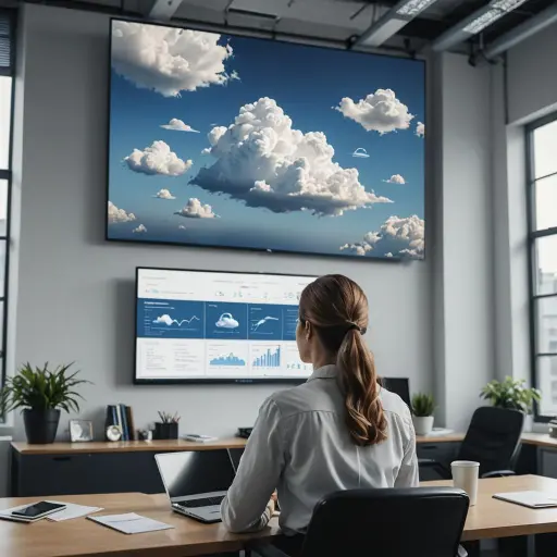 Young woman in office looking on big screen clouds for cloud hosting