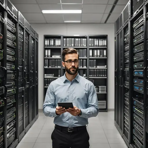 Man standing in server room and choosing between hosting plans