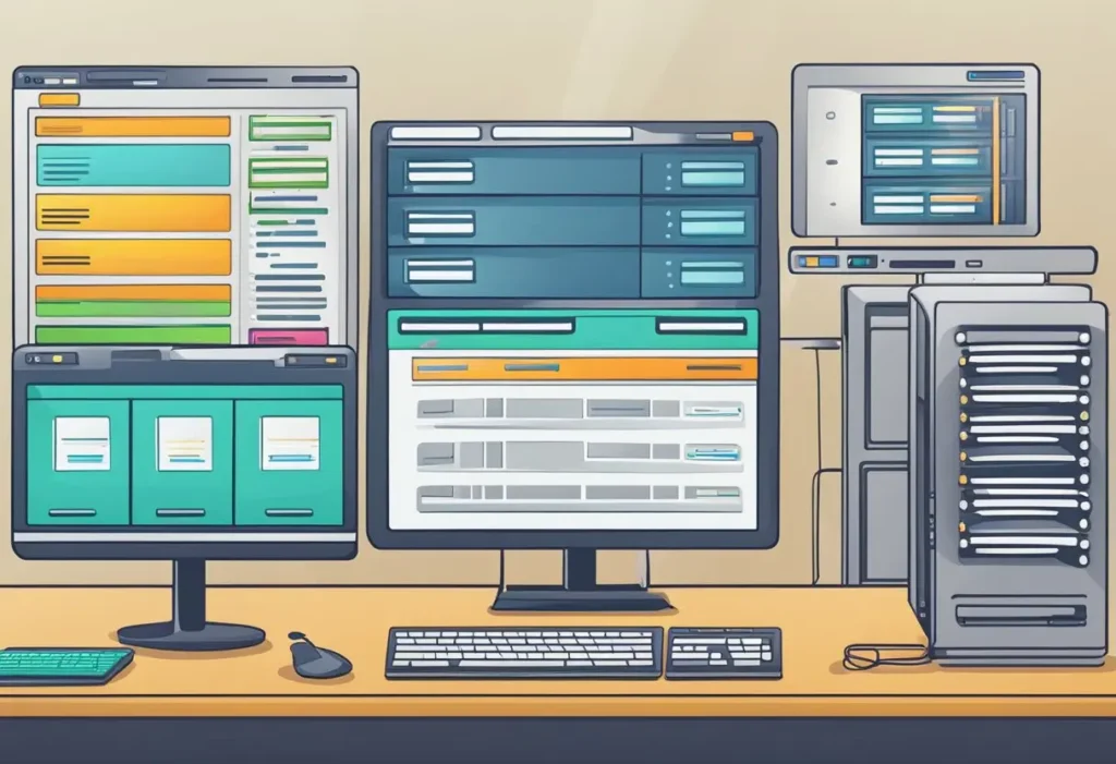 Illustration of a modern server room with multiple monitors displaying web hosting interfaces and server racks, ideal for tech blog