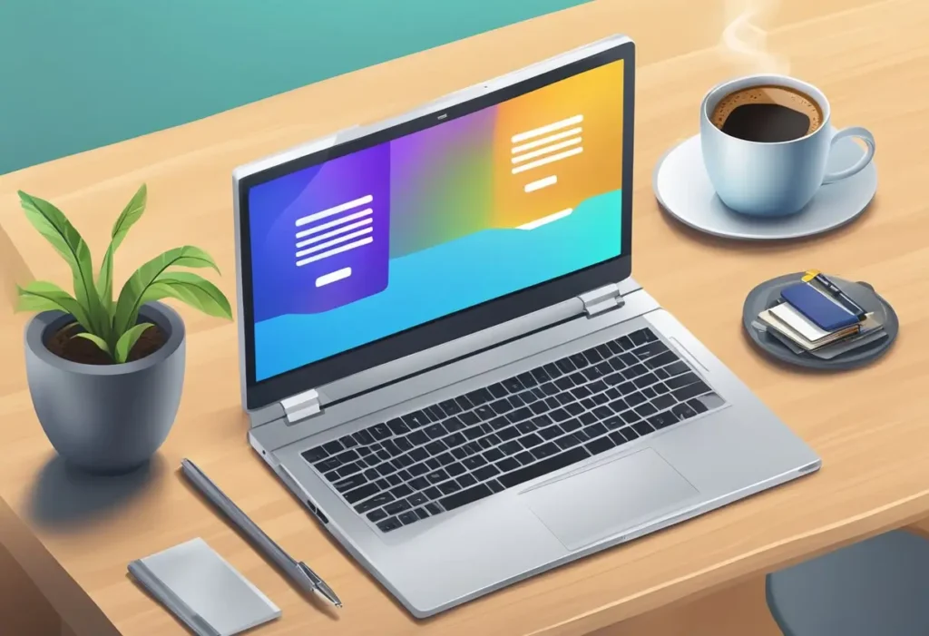 Illustration of a laptop with a colorful web design interface on a desk with a coffee cup, plant, and stationery