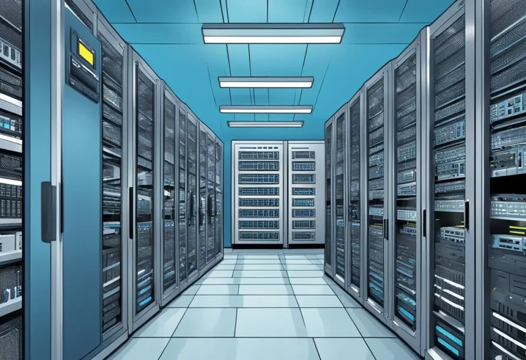 Illustration of a modern data center with rows of server racks, ideal for web hosting infrastructure in 2025