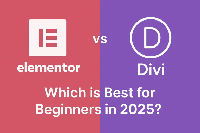 Elementor vs Divi logos asking "Which is Best for Beginners in 2025?", for new WordPress users