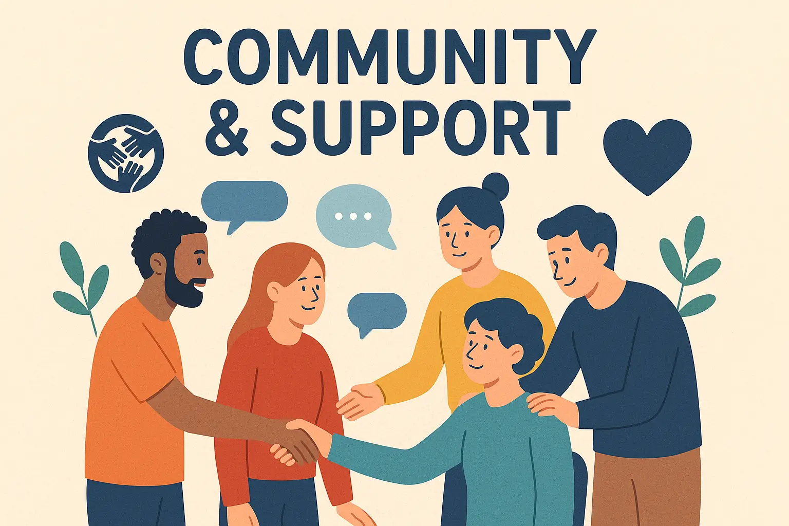 Illustration of diverse people shaking hands, with speech bubbles, a heart, and a hand icon, representing community and support