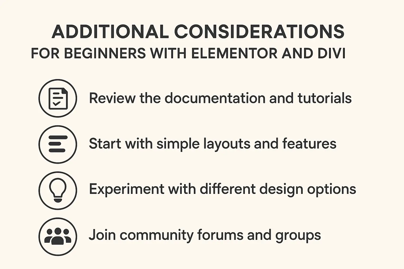 Icons for documentation, simple layouts, experimentation, and community, guiding Elementor/Divi beginners