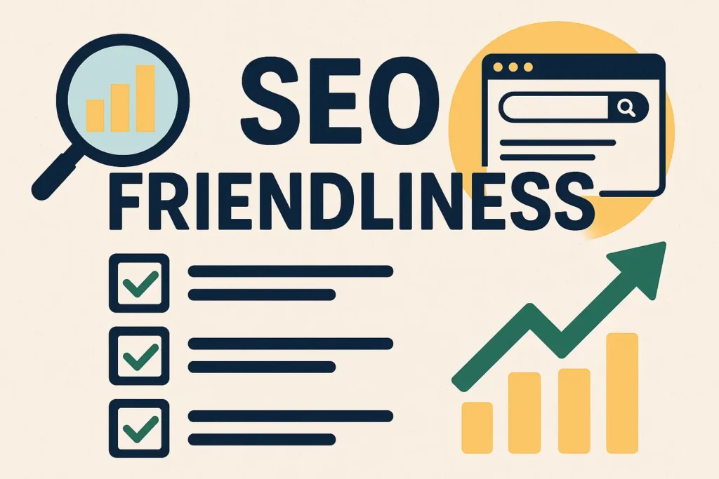 Illustration showing SEO friendliness with magnifying glass, search bar, checklist, and a rising growth graph