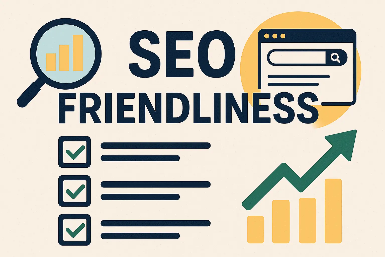 Illustration showing SEO friendliness with magnifying glass, search bar, checklist, and a rising growth graph