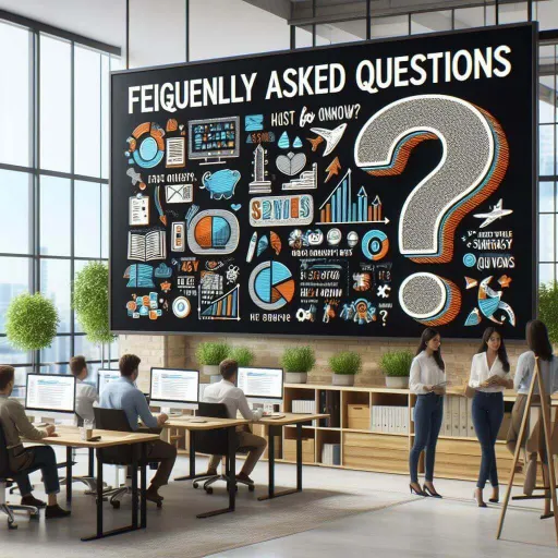 Image of office workers and Big Screen in office with text Frequently Asked Questions