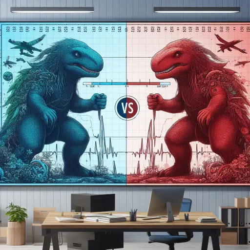 Blue vs Red Godzilla, looking at each other on painting at office