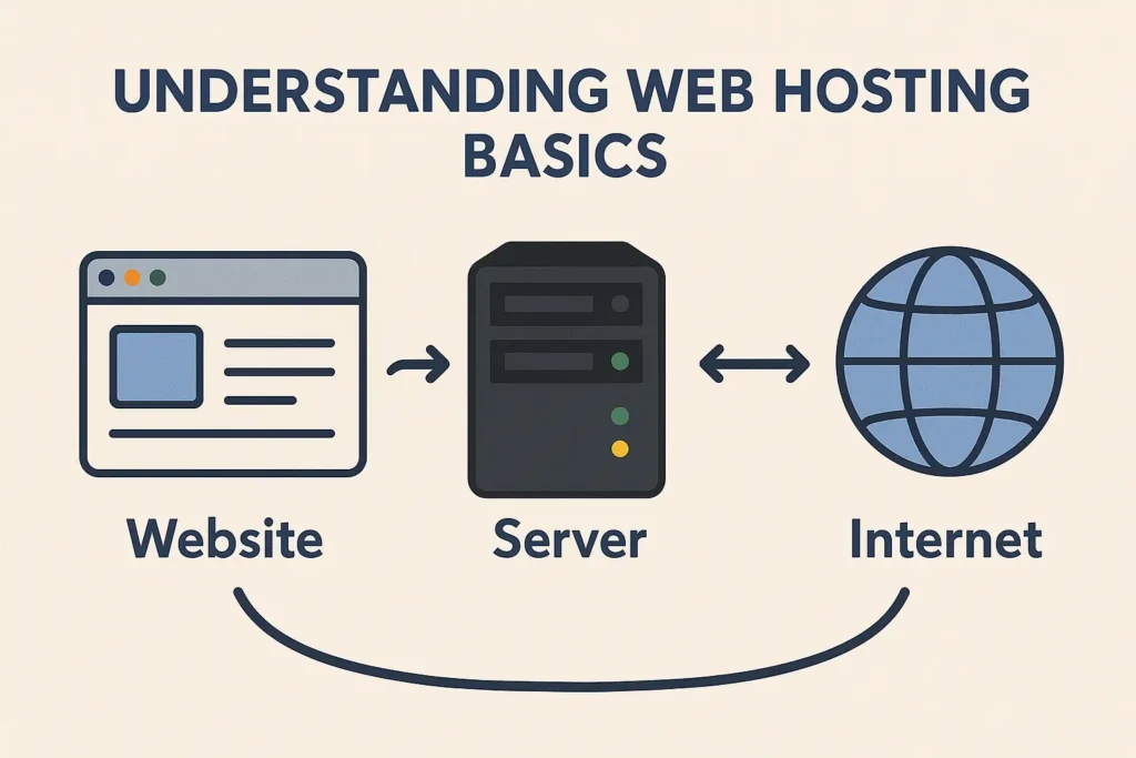 Diagram illustrating web hosting basics: how a website connects to a server, then to the internet