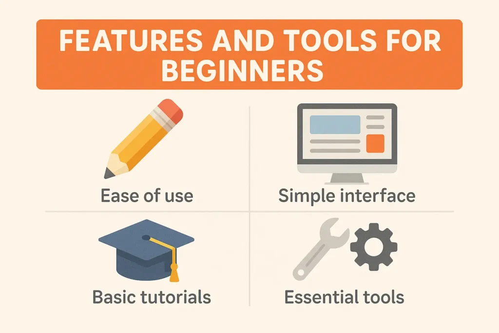 Infographic highlighting beginner-friendly features: ease of use, simple interface, basic tutorials, and essential tools