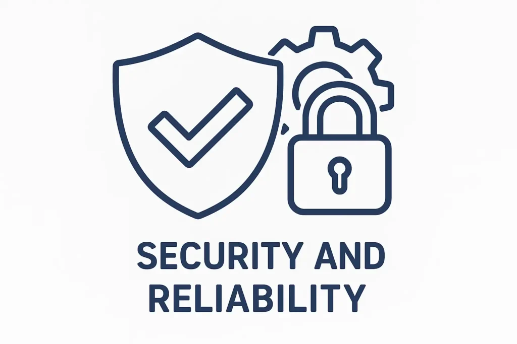 Icon representing digital security and reliability with a shield, checkmark, padlock, and gear, emphasizing trust