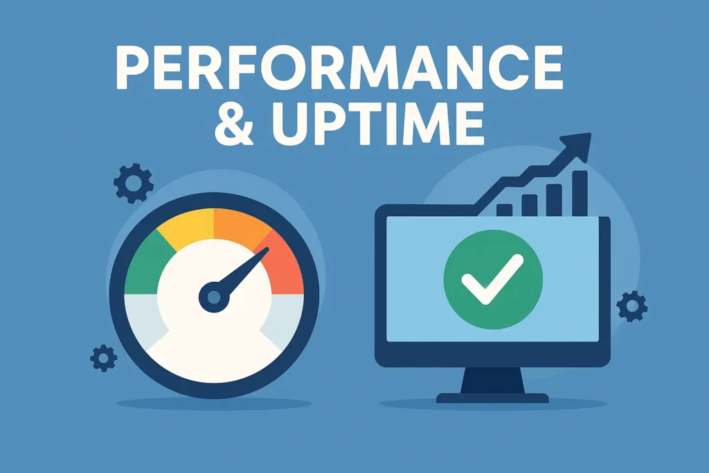 Icons representing website performance with a speed dial and uptime with a monitor showing a checkmark and growth graph