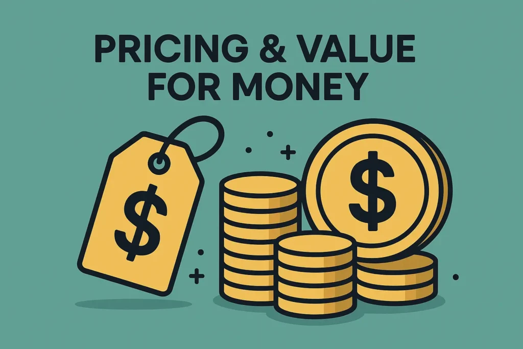 Image representing pricing and value for money with a price tag showing a dollar sign and stacks of coins