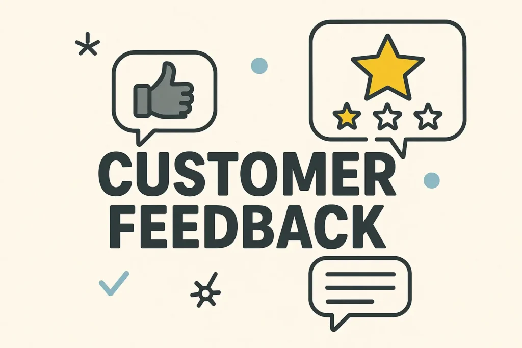 Icons representing customer feedback: thumbs up for likes, stars for ratings, and a speech bubble for comments