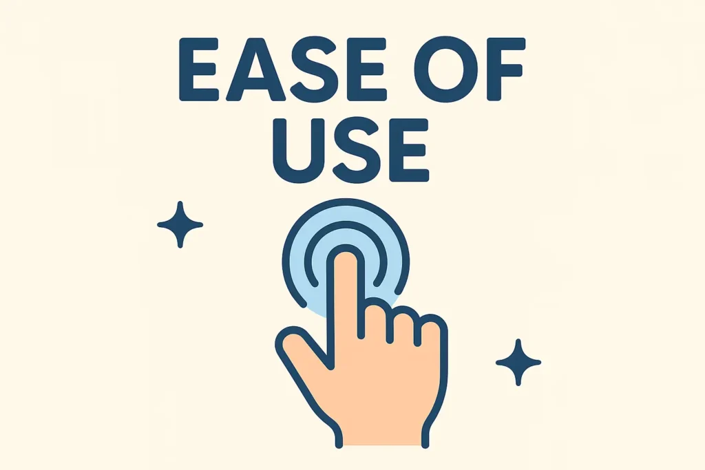 Hand icon with a finger tapping a circular target, symbolizing ease of use and user-friendliness in digital interactions
