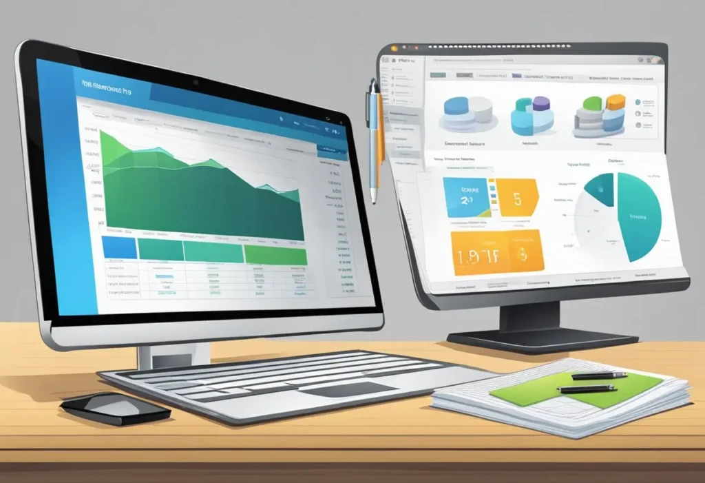 Desktop and laptop displaying data analytics dashboards with charts, graphs, and reports for business insights