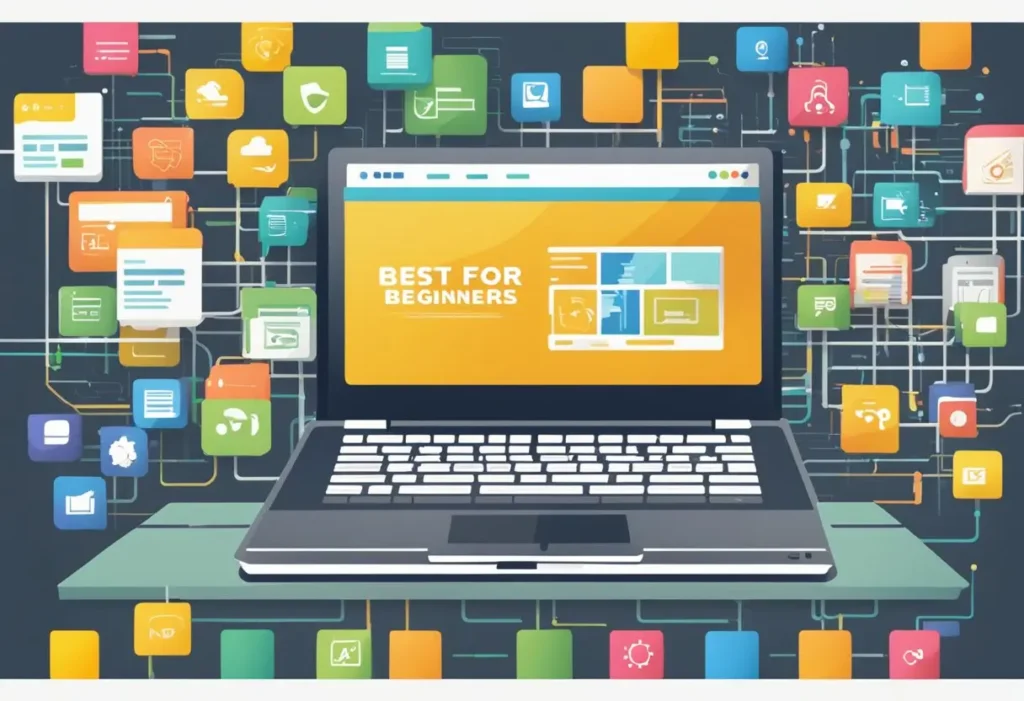 Laptop displaying "Best for Beginners" surrounded by a network of diverse icons representing various digital tools and concepts