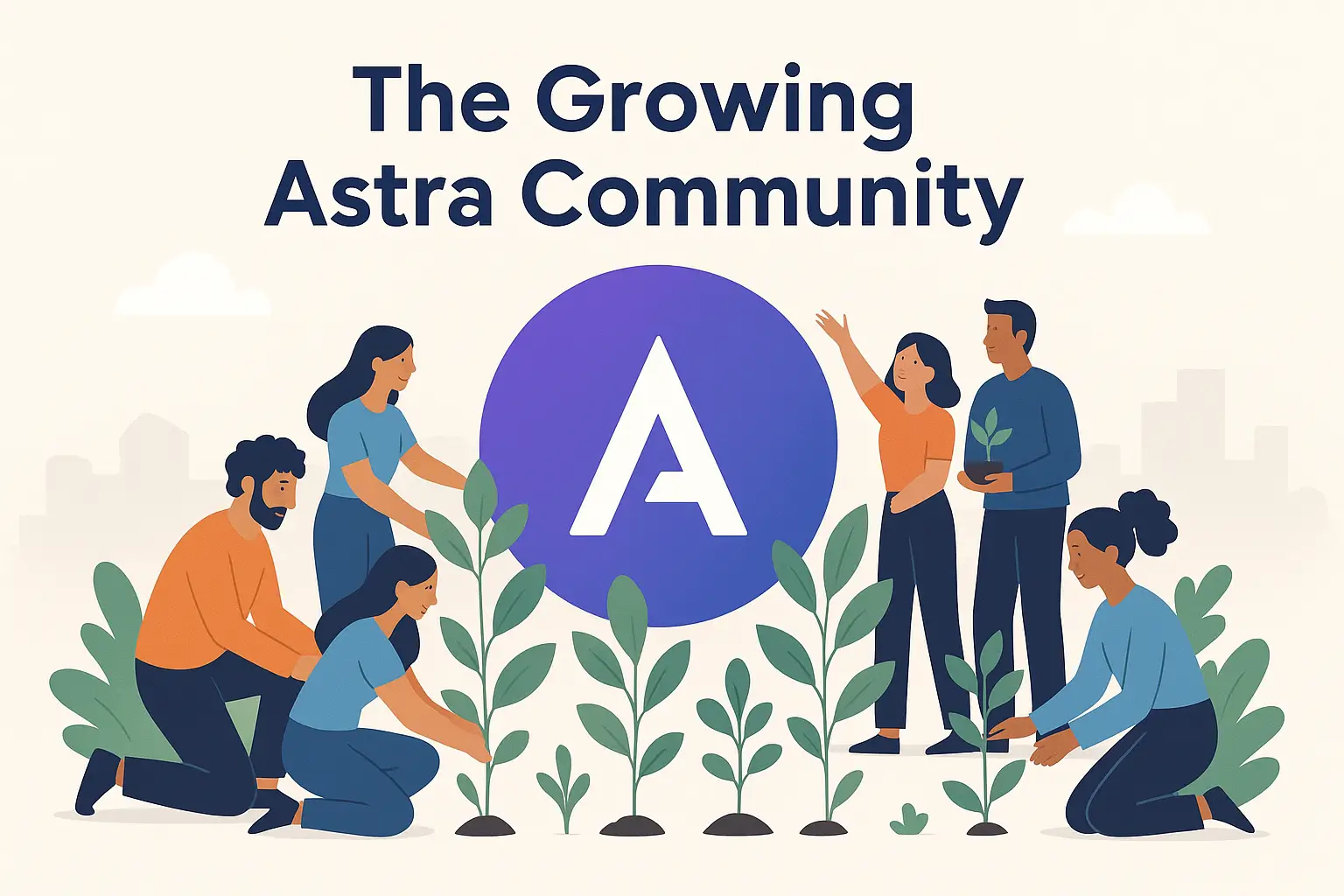 Diverse community members nurturing plants around a large Astra logo, symbolizing the growth of the Astra WordPress theme community