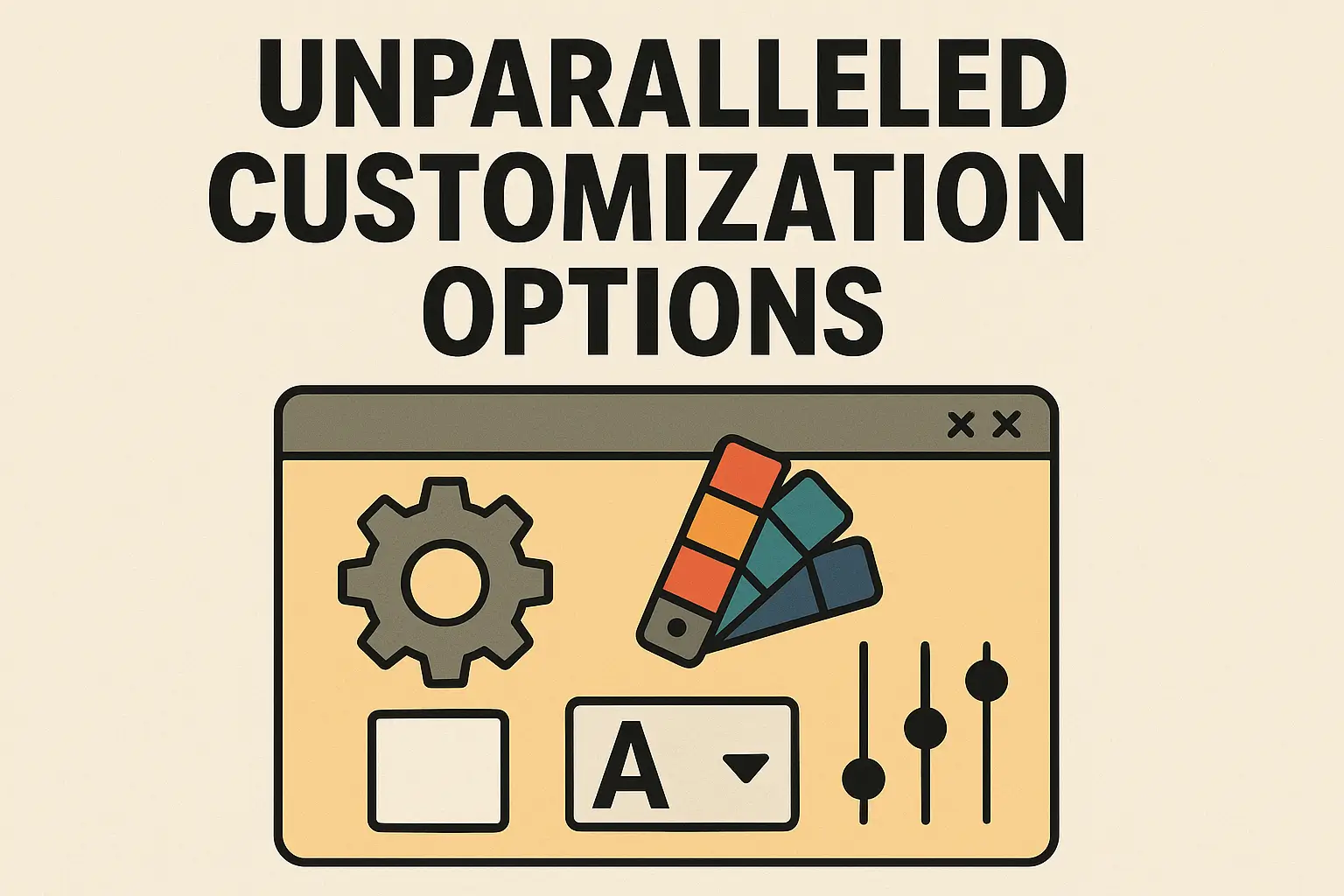 Graphic depicting a customization interface with gear, color palette, text options, and sliders, symbolizing extensive personalization