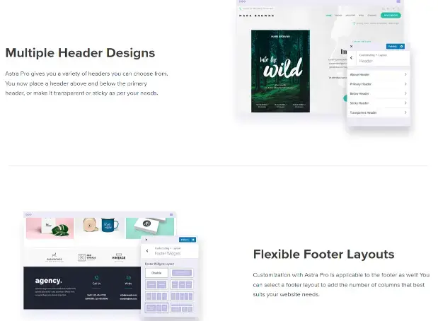 Astra Pro customization options showing flexible header designs and footer layouts, with examples on website mockup