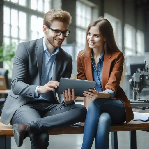 woman talks to another man holding a tablet or laptop