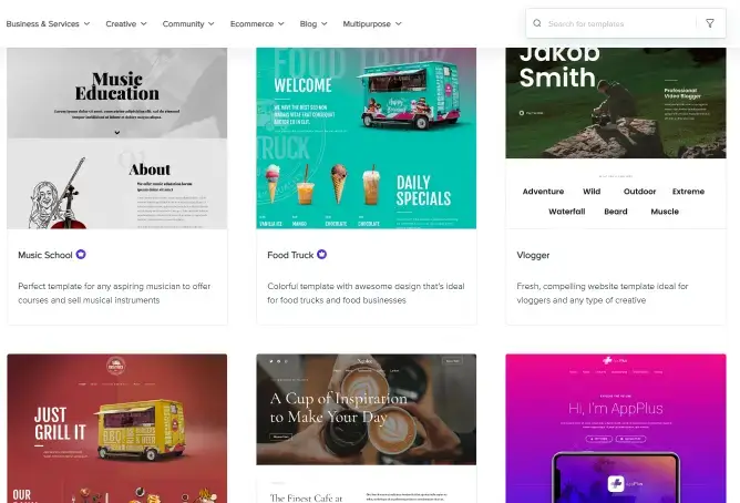 Screenshot of Astra Starter Templates library, showcasing various pre-built website designs like Music Education, Food Truck, and Vlogger