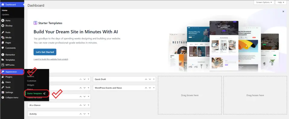 wordpress dashboard with point to astra starter templates