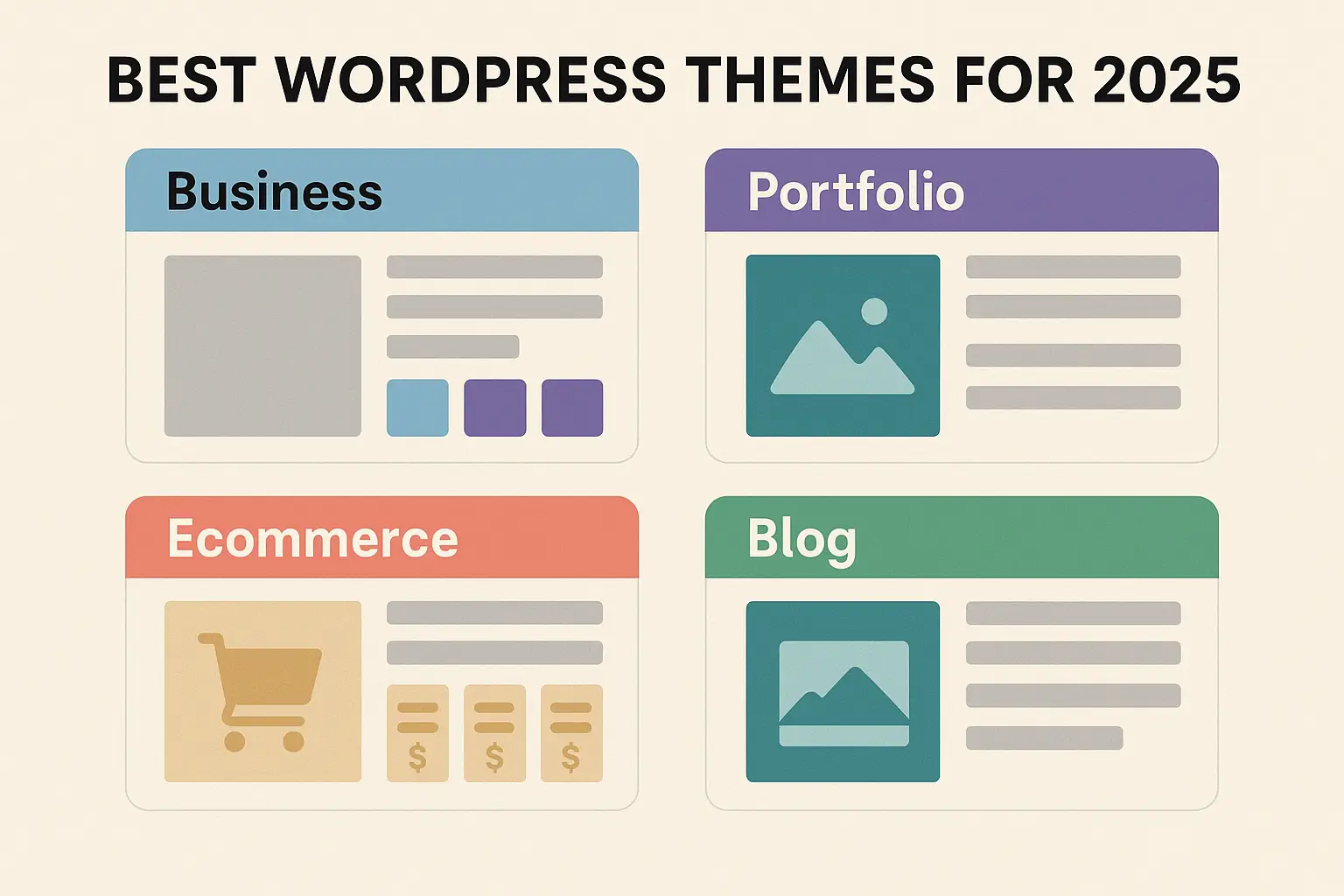 Best WordPress themes for 2025 infographic featuring business, portfolio, ecommerce, and blog layout illustrations