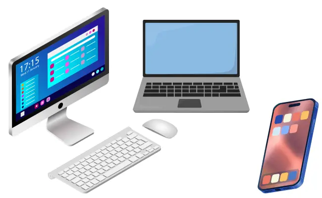 Illustration of a desktop computer, laptop, and smartphone representing a modern digital workspace