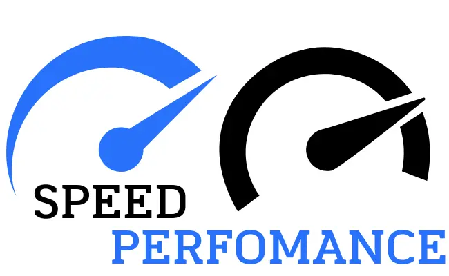 Speed and performance logo featuring two speedometers, blue and black, with the words "SPEED" and "PERFORMANCE."
