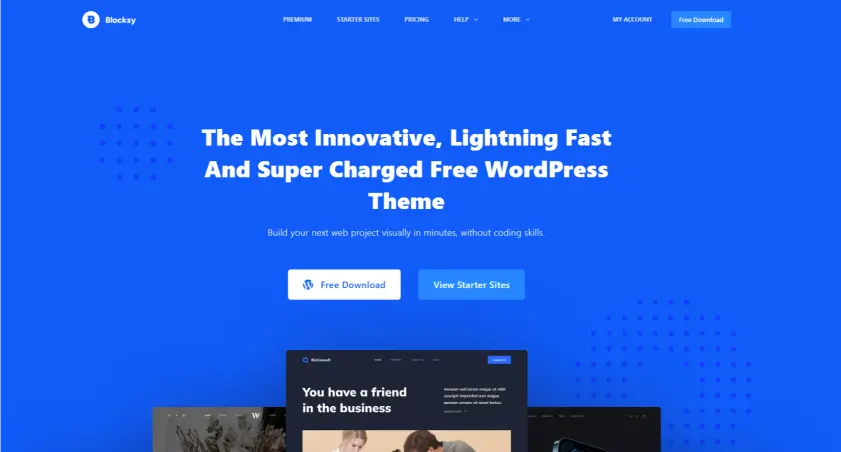 Blocksy WordPress theme homepage with download and demo options