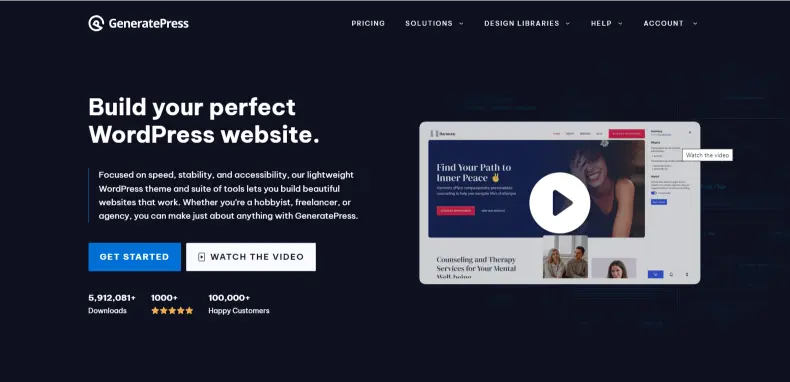 GeneratePress WordPress theme homepage with download button