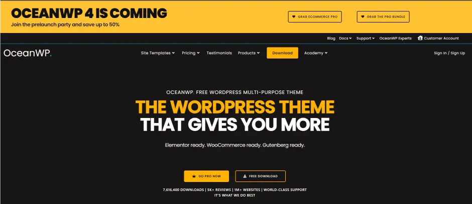 OceanWP 4 launch announcement banner with pre-launch and product information