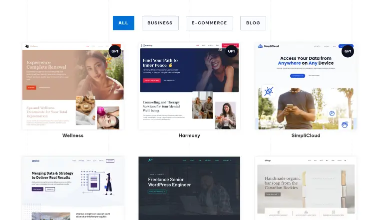 Grid of website designs made with GeneratePress, showing spa, therapy, cloud service, and e-commerce sites