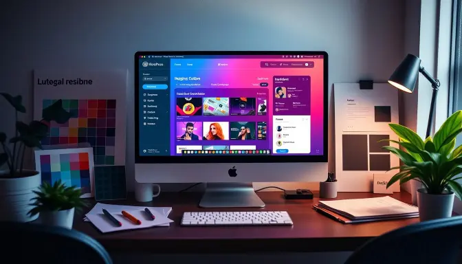 iMac displaying WordPress dashboard with GeneratePress theme in a modern workspace, surrounded by color swatches, a notebook, and indoor plants