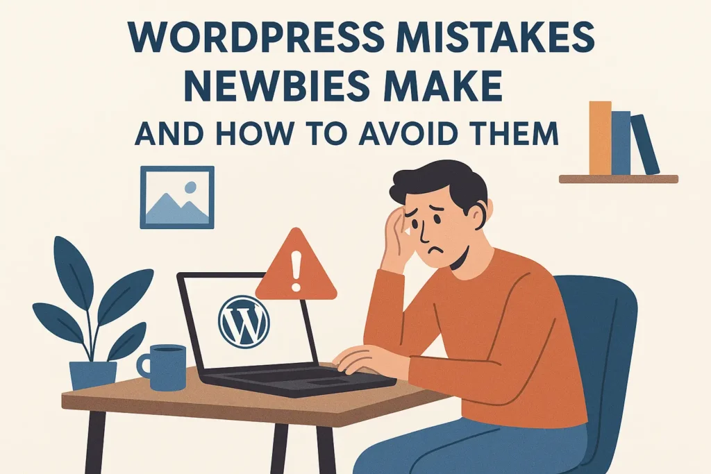 Worried man at laptop facing WordPress mistakes with error alert, learning how beginners can avoid common WordPress problems.