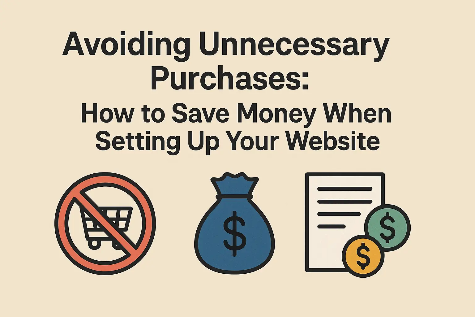 Website savings graphic showing no shopping cart, money bag, and budget icons under “Avoiding Unnecessary Purchases” headline