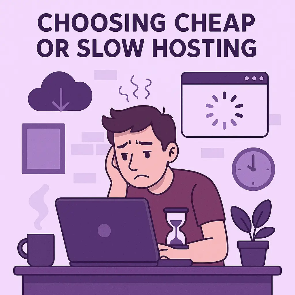 Frustrated website owner using slow cheap hosting with loading icon, clock, and hourglass symbols