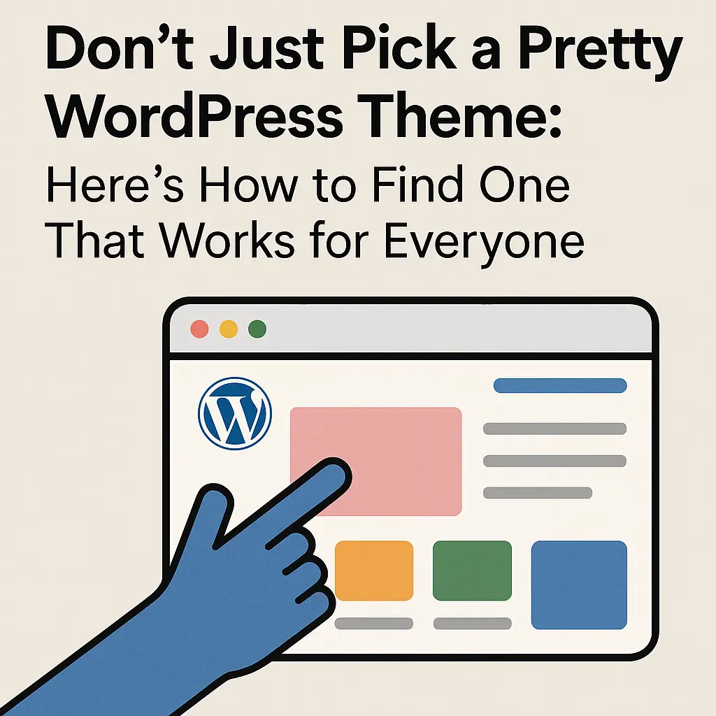 Hand pointing at a WordPress website layout, illustrating how to choose a functional and accessible theme. Title on image: Don't Just Pick a Pretty WordPress Theme