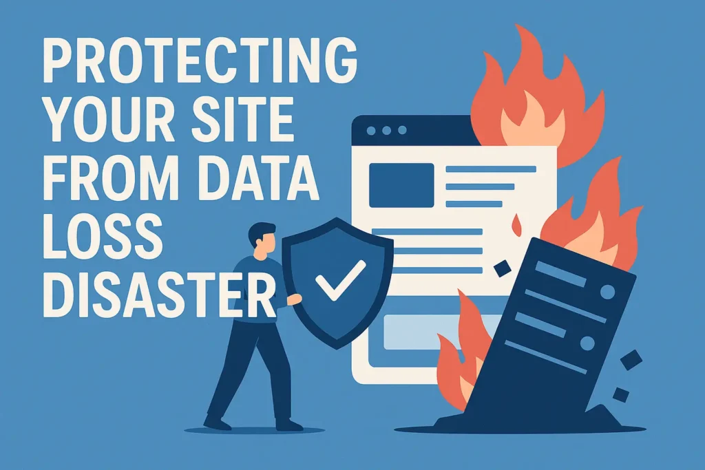 Person with shield protecting a website and server from data loss disaster, illustrating website security and backup. Text: Protecting Your Site From Data Loss Disaster