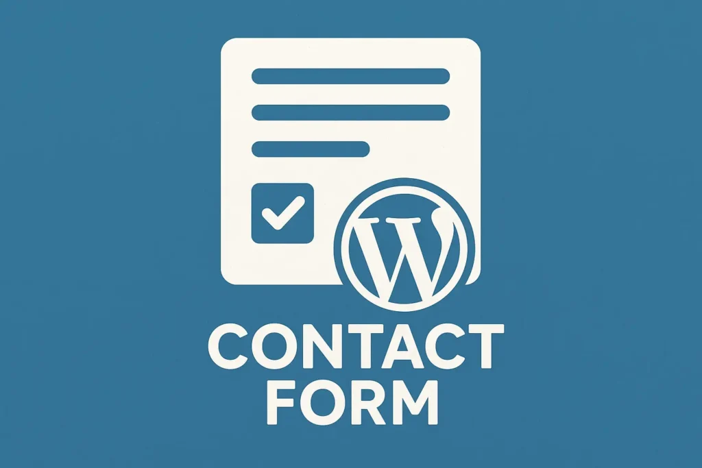 Contact form design with WordPress logo and checkmark icon on a blue background, representing a functional contact form for website use